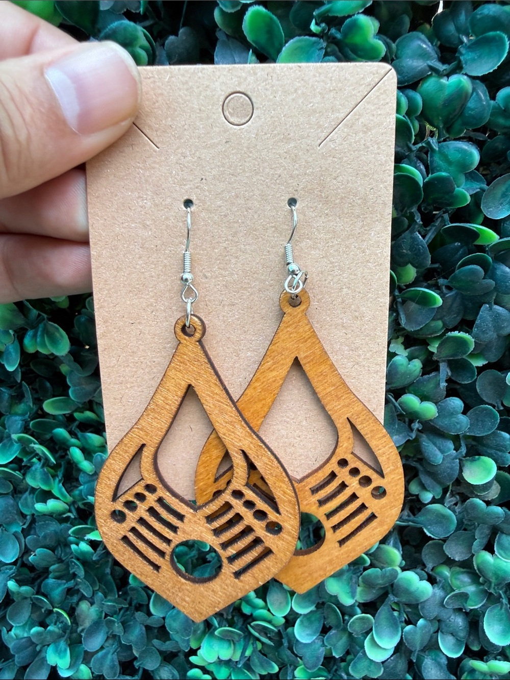 Hand Crafted Wooden Tear Drop Earrings in Warm Brown